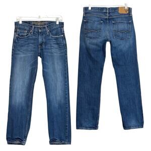 AEO Jeans Slim Straight Low Rise Men 30x29** Blue Fade Whiskers Stacks Casual